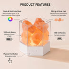 Modern Himalayan salt lamp feature callouts: warm amber glow or a slow rotating colour cycle, 260 g of hand-picked Himalayan salt chunks, 1200 mAh battery giving a minimum of 3 hours of light, USB-C charging, and a physical push button on the base