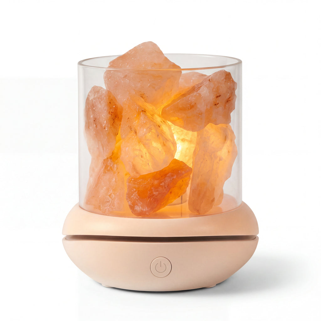 Cordless Himalayan salt glow lamp with lit pink crystal on a white background