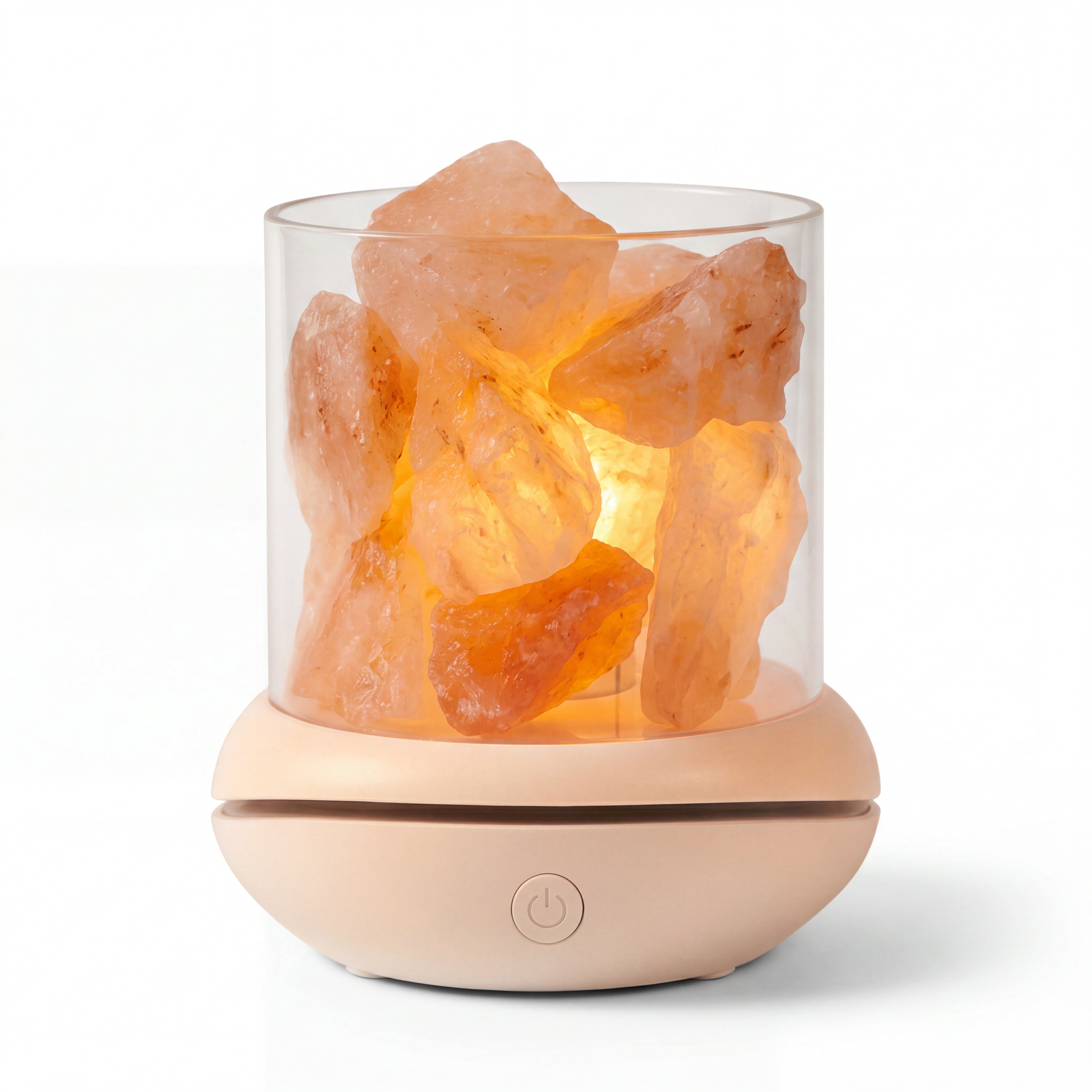 Cordless Himalayan salt glow lamp with lit pink crystal on a white background