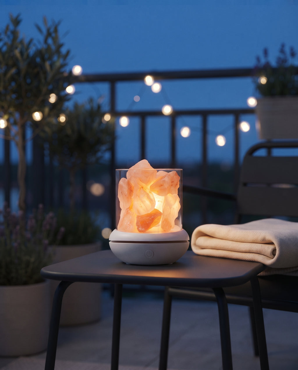 Portable salt glow lamp glowing on a balcony table at blue hour
