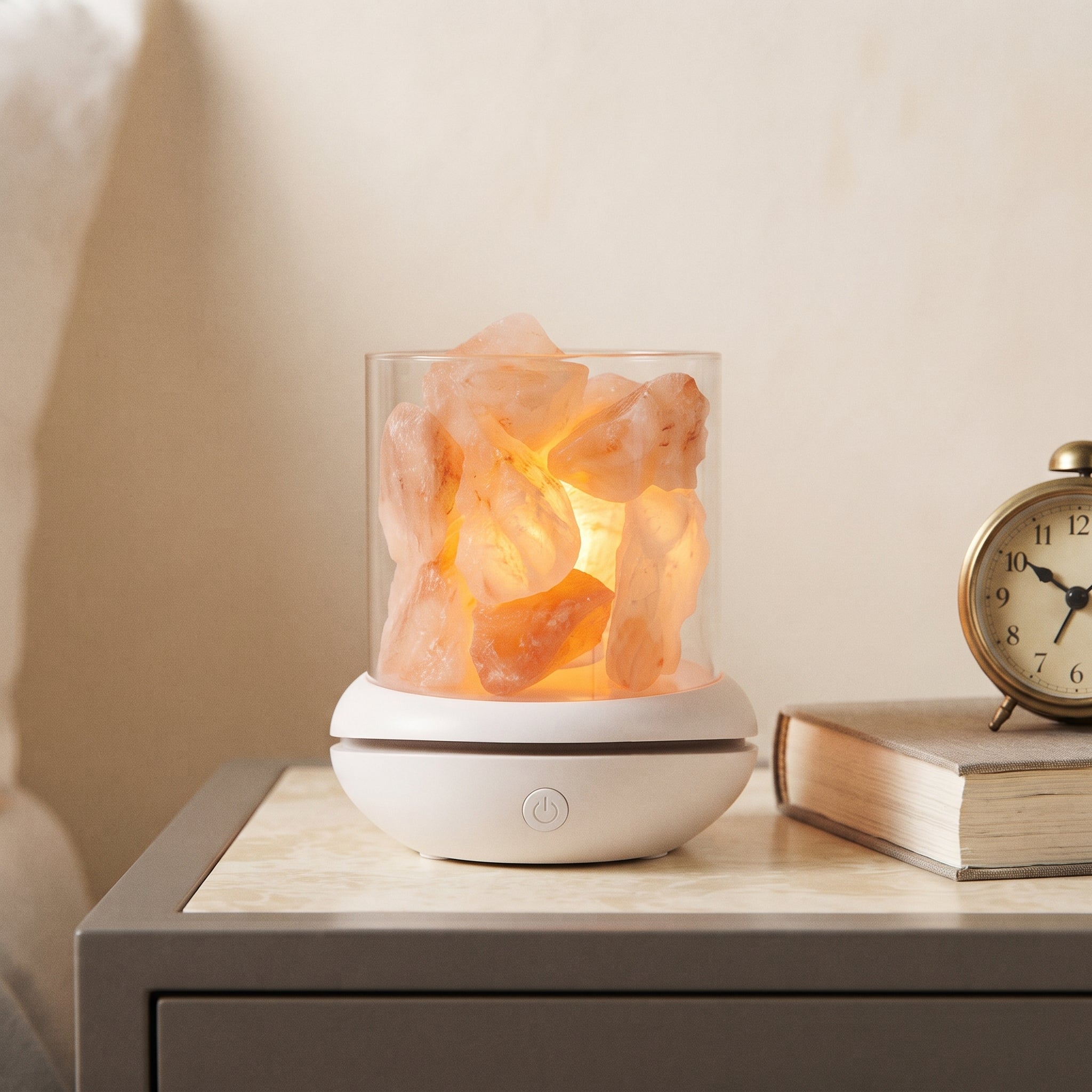 Salt glow lamp beside a book and an alarm clock showing its size