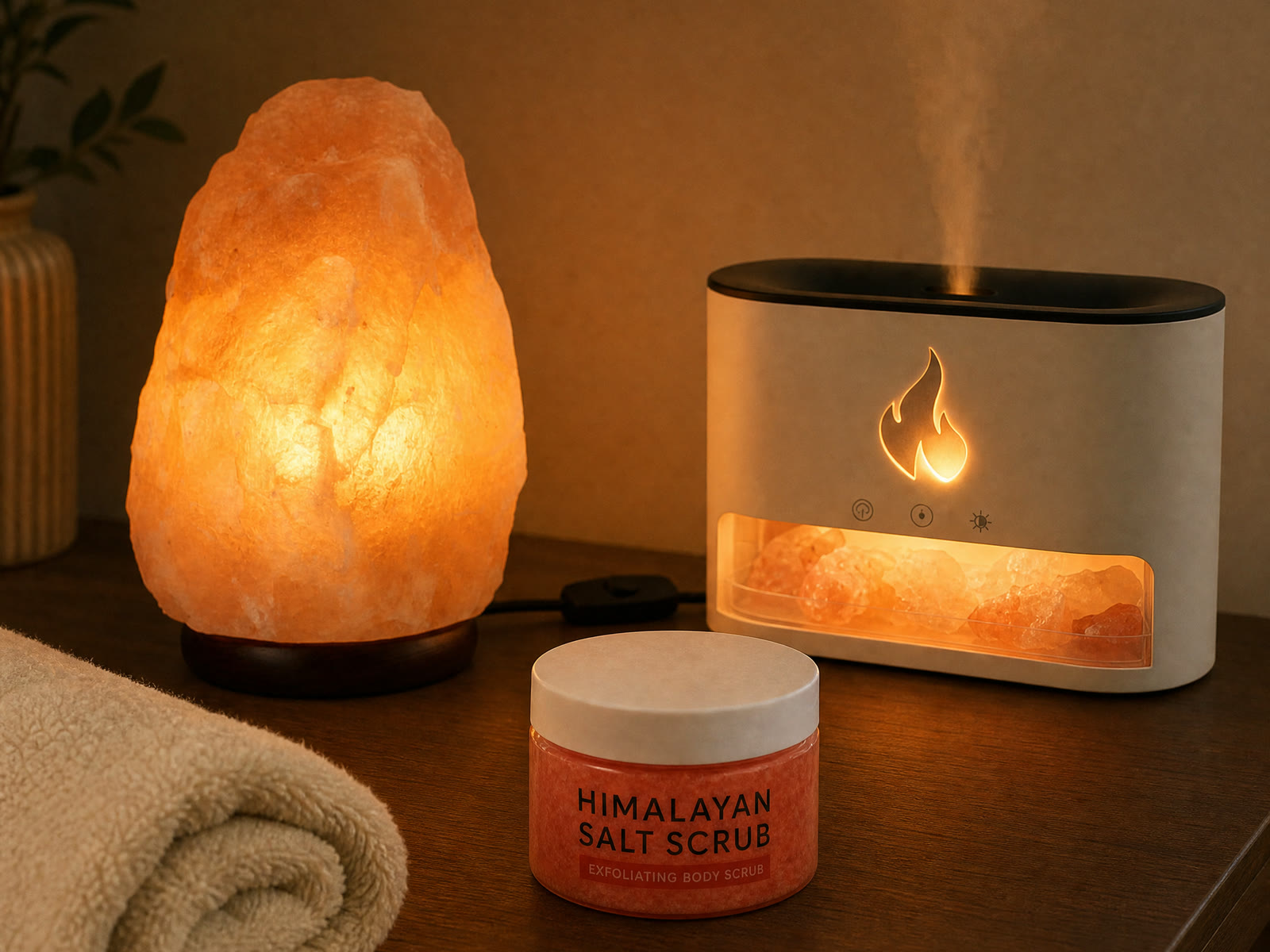 A hand-carved Himalayan salt lamp glowing beside a jar of salt body scrub and a flame diffuser on a warm bedside table