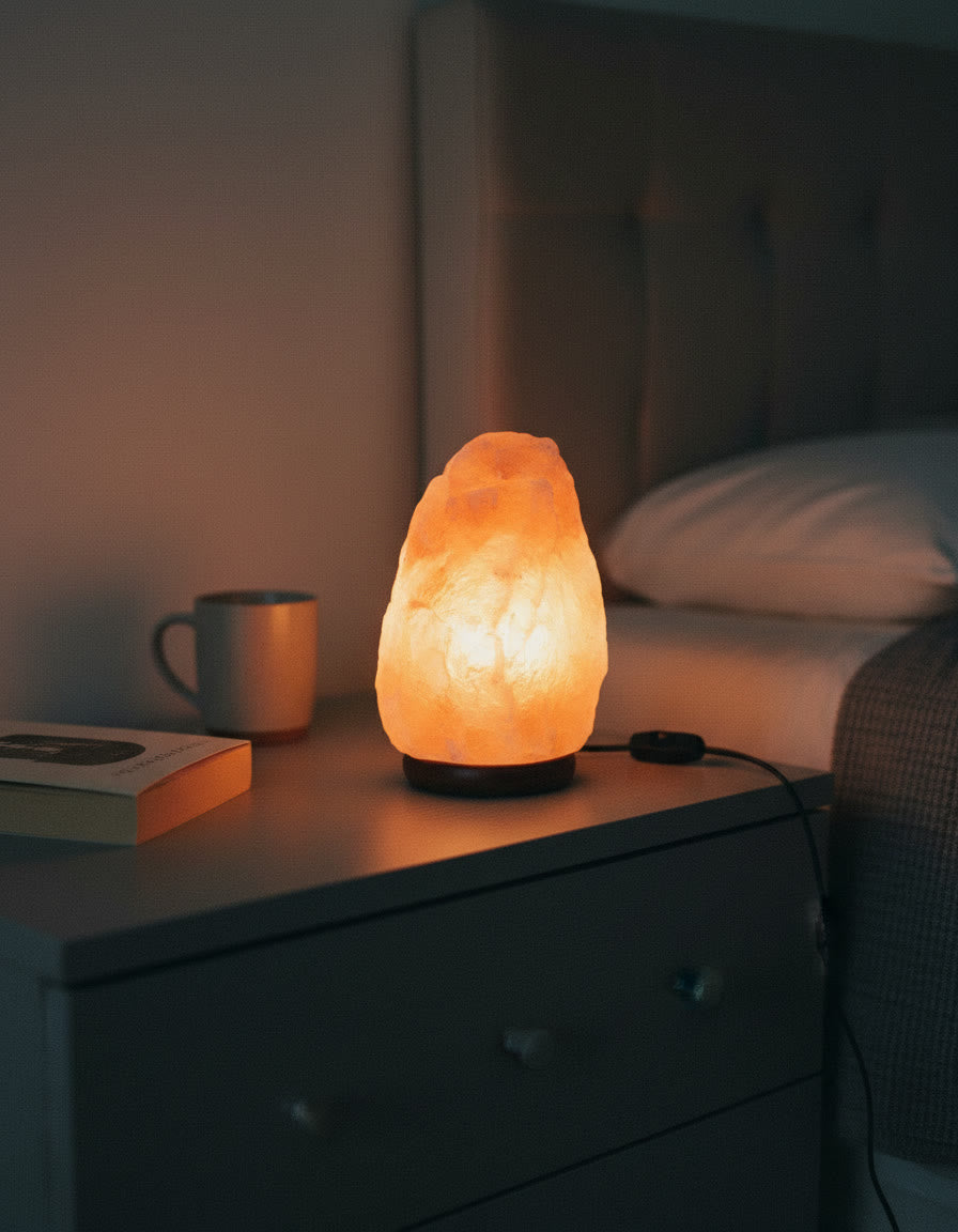 A hand-carved Himalayan salt lamp glowing warmly on a bedside table