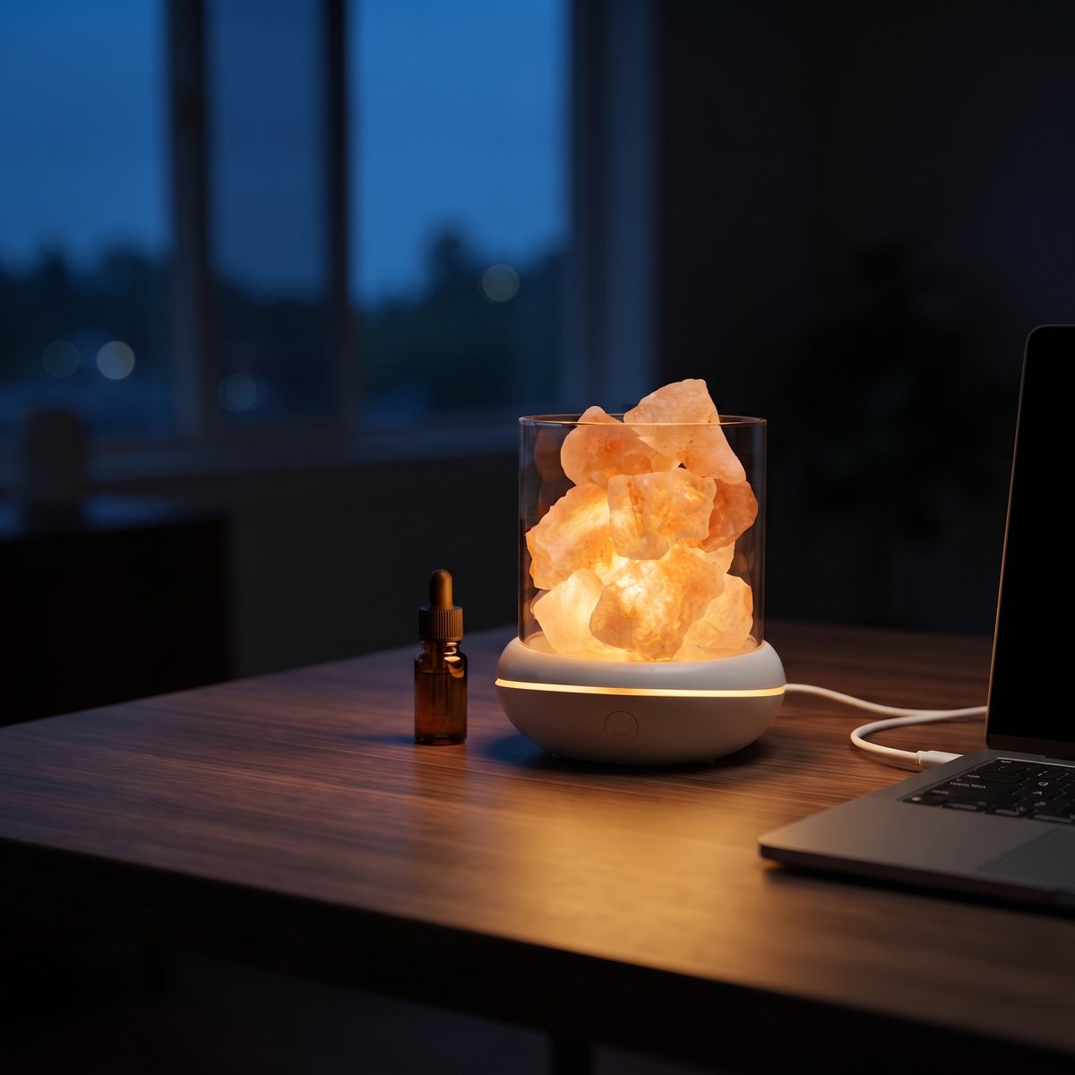 The USB salt glow lamp glowing in a warm evening room