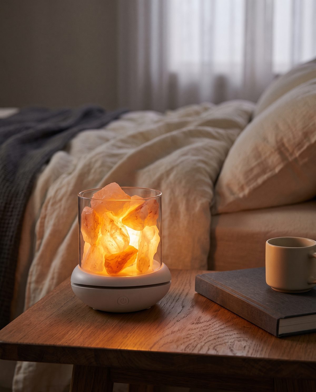 The salt glow lamp lit on a bedroom nightstand at dusk