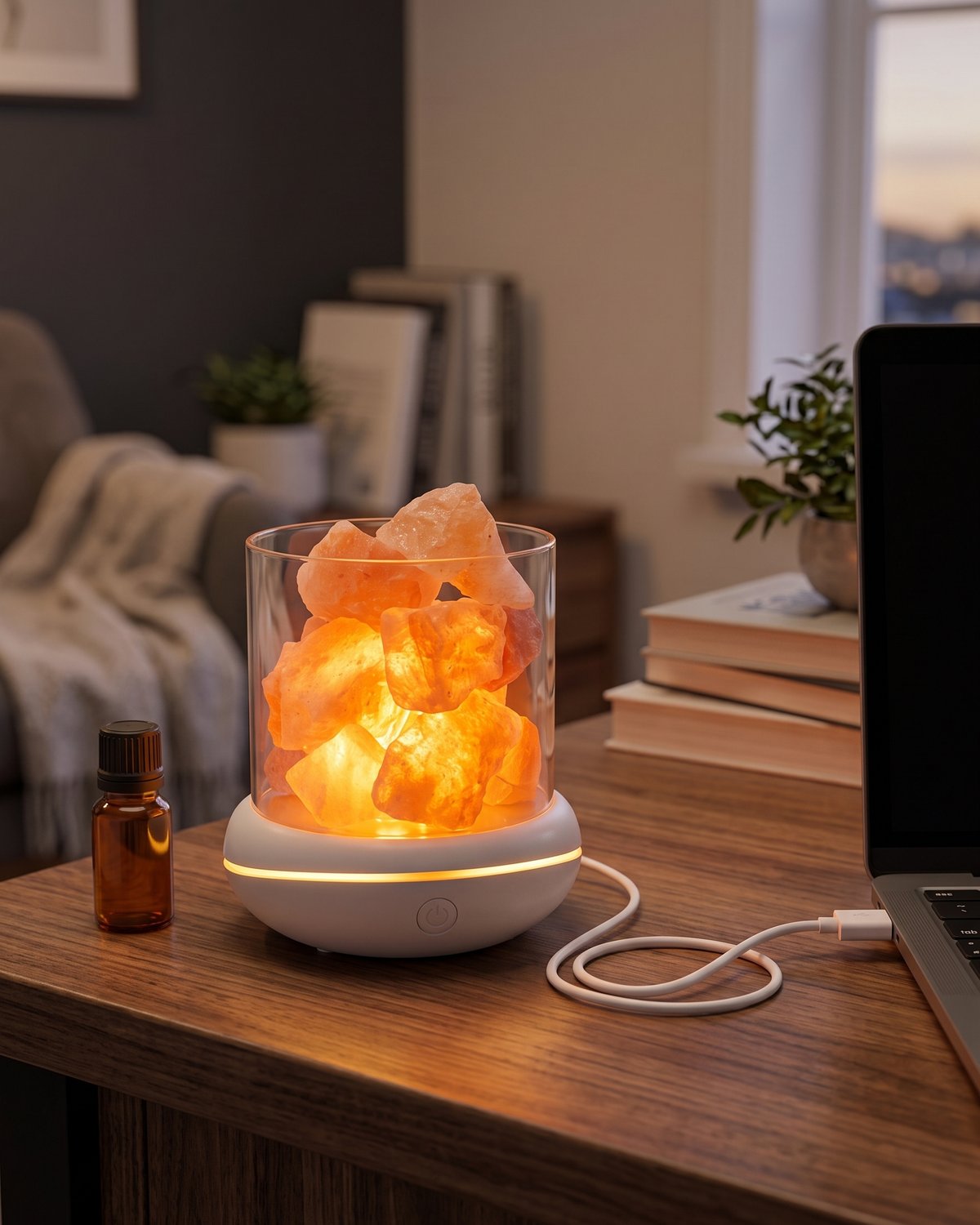 The glowing USB salt lamp on a desk with its cable running to a laptop