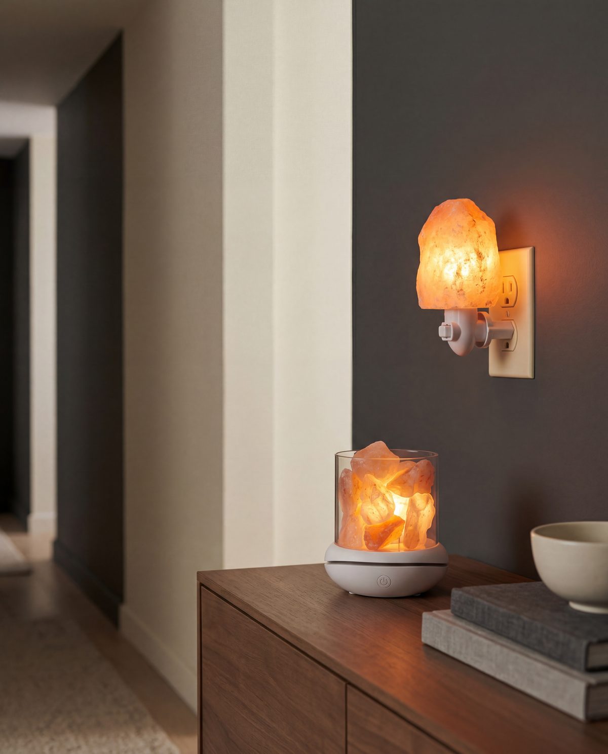 Crystal wall night light glowing above a dresser with the salt glow lamp below