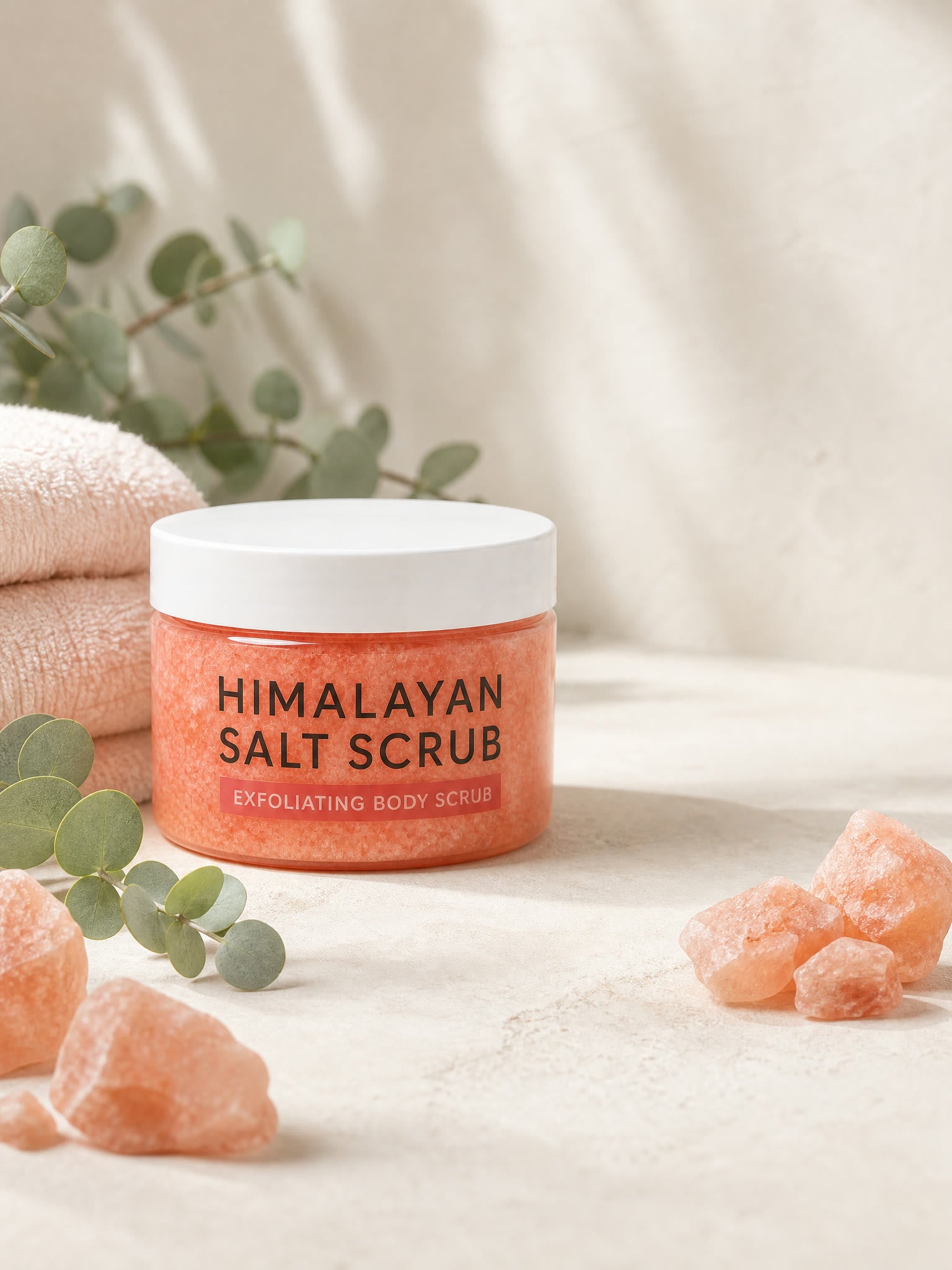 Himalayan Salt Body Scrub jar beside a fine pink salt scrub texture