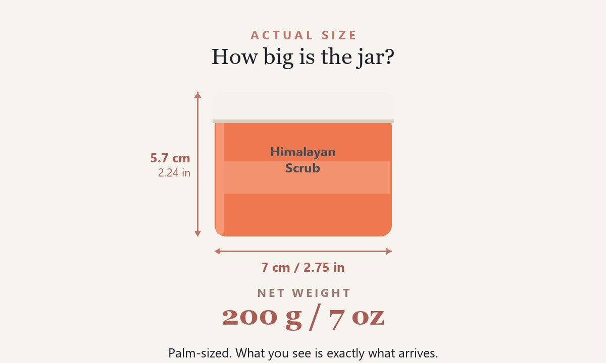 Size guide: the scrub jar is about 7 cm wide and 5.7 cm tall, 200 g net weight