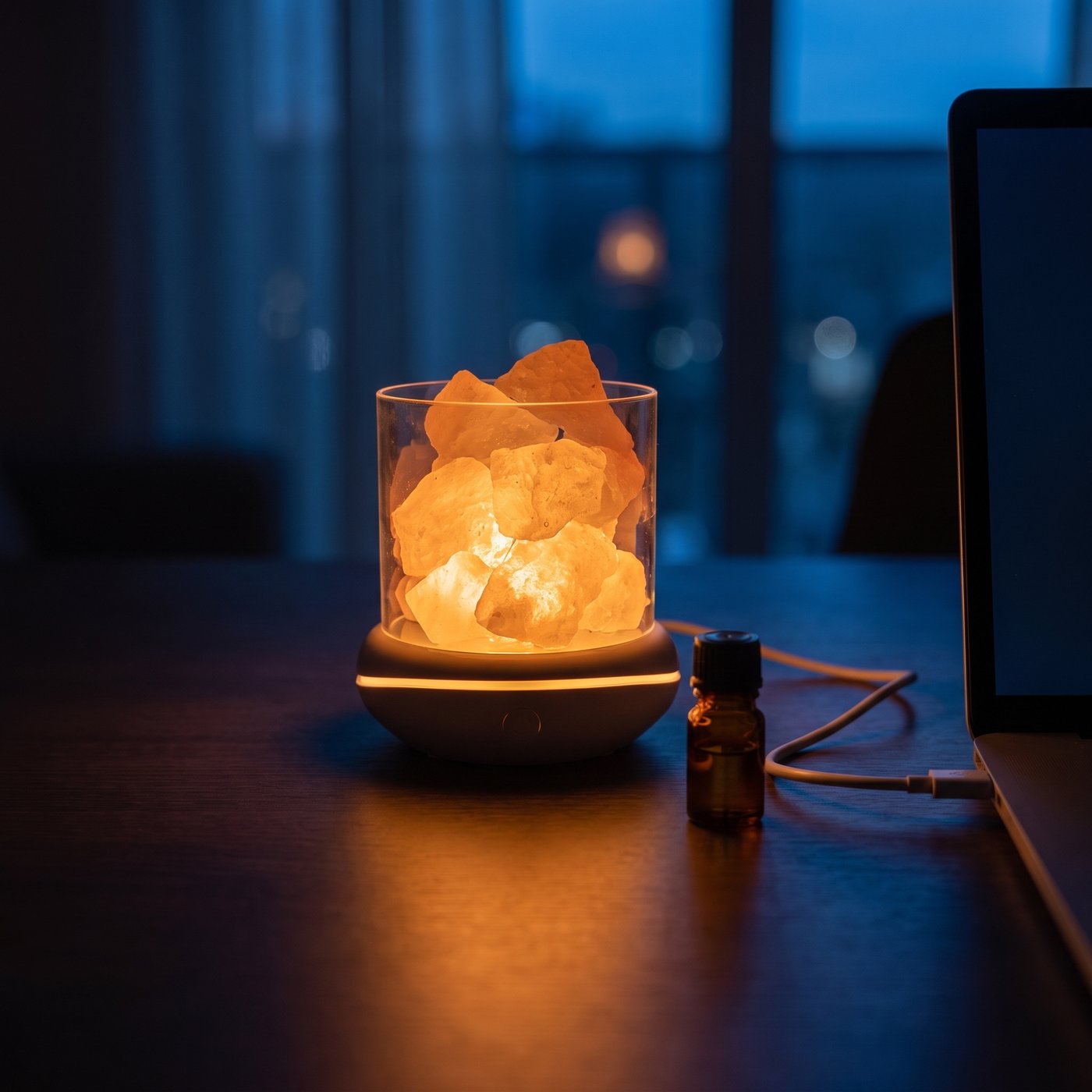 The lamp glowing warm on a desk at dusk with city lights behind