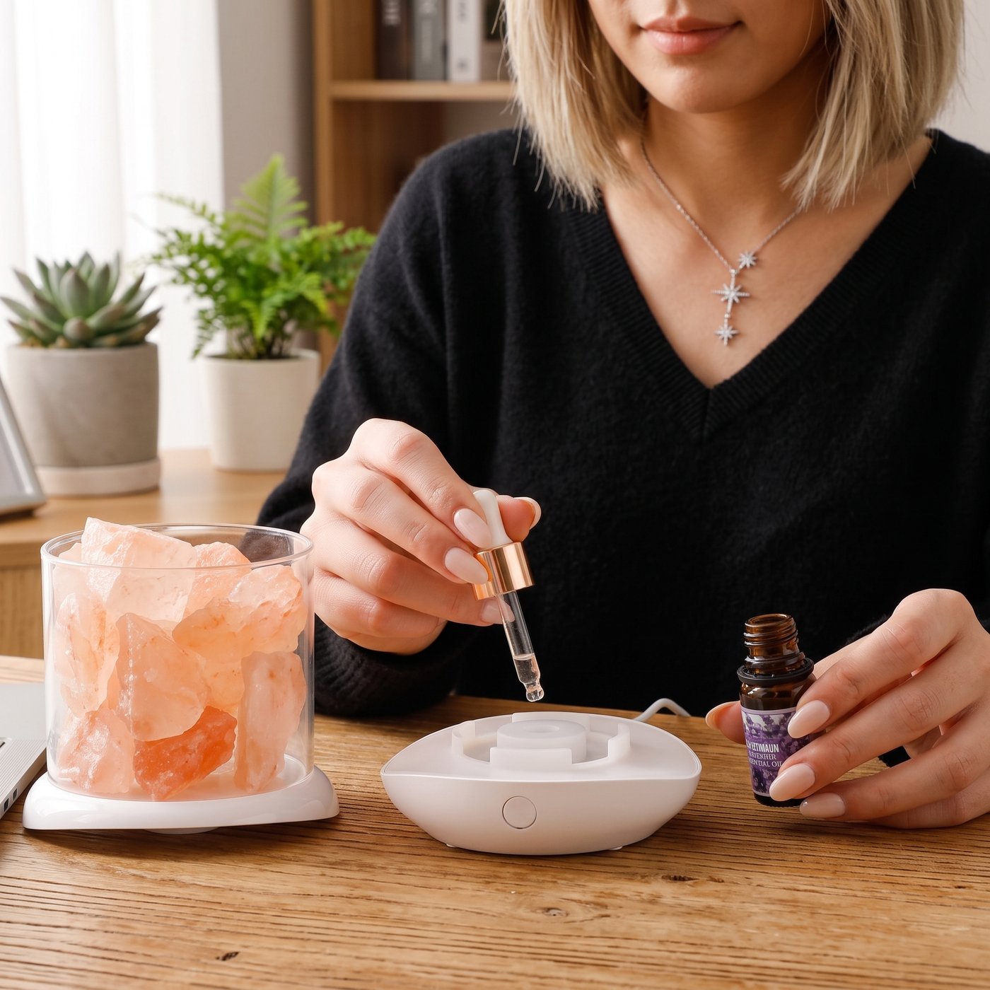 Adding essential oil to the felt ring inside the lamp base