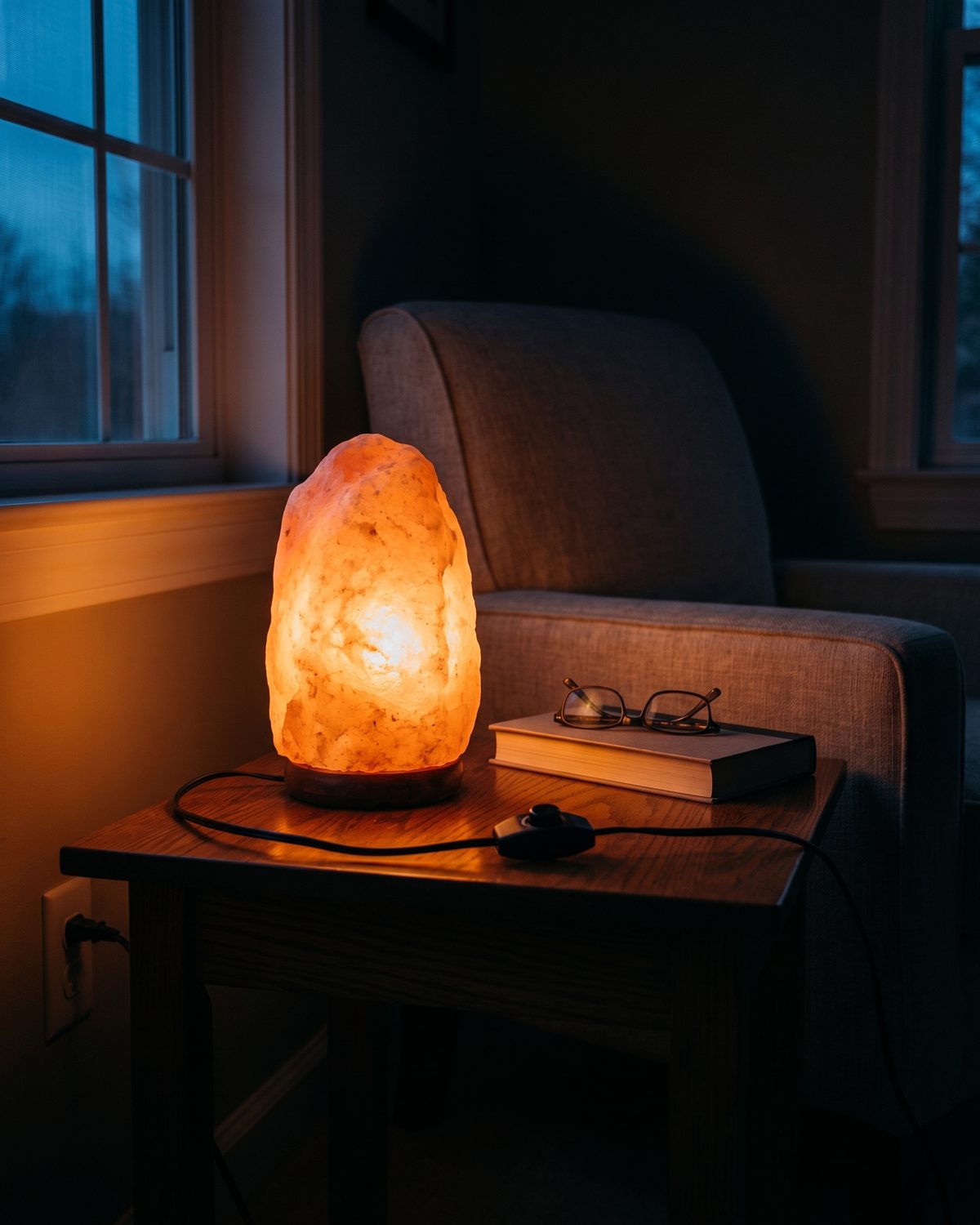The lamp lit on a side table beside a book and reading glasses, in a dim room at dusk.