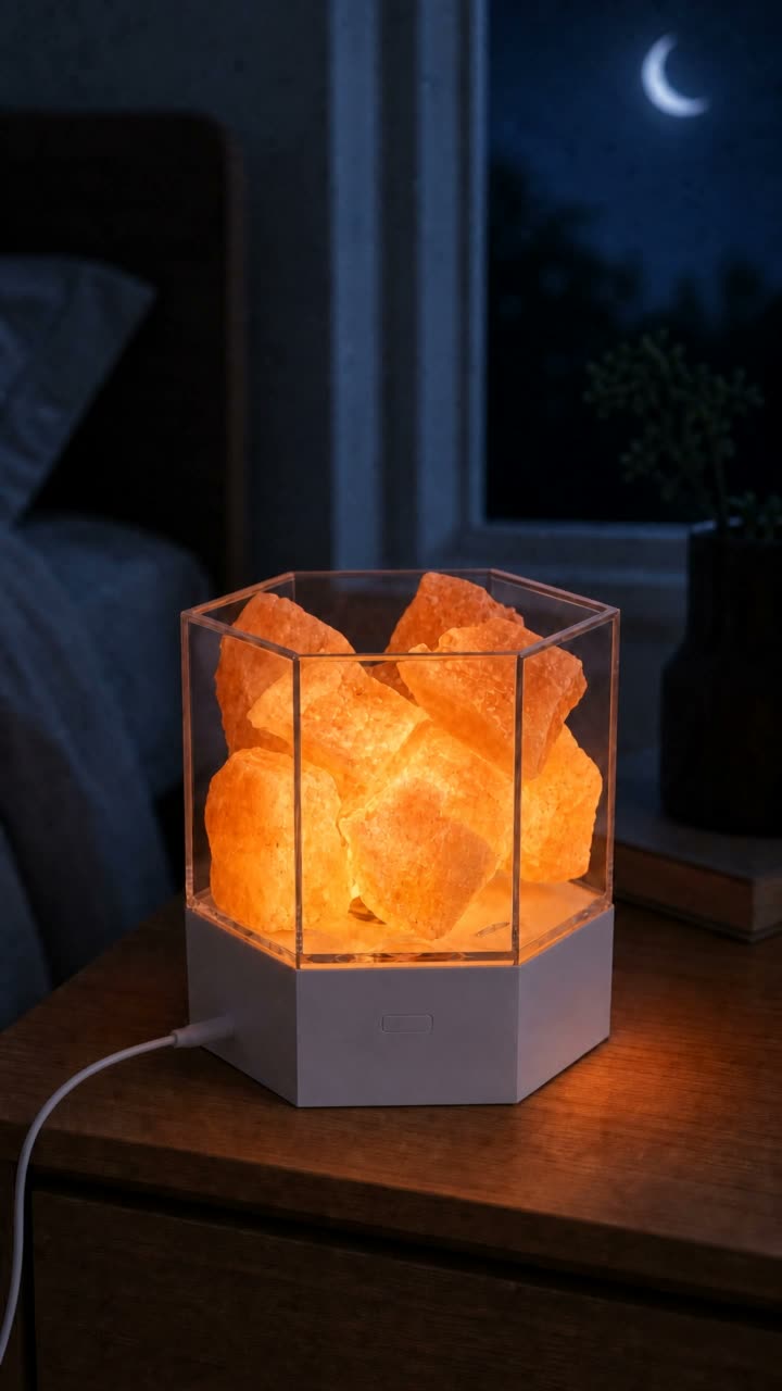 The modern salt lamp glowing warm amber at home