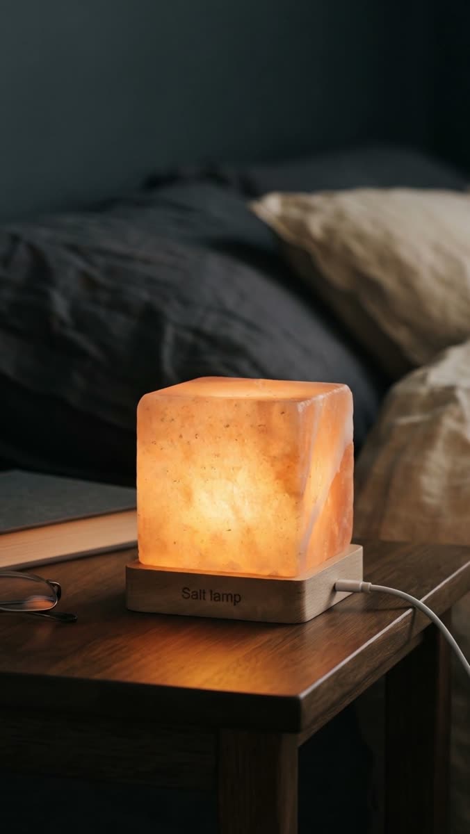 a wooden-base Himalayan salt lamp glowing warm amber on a nightstand at night