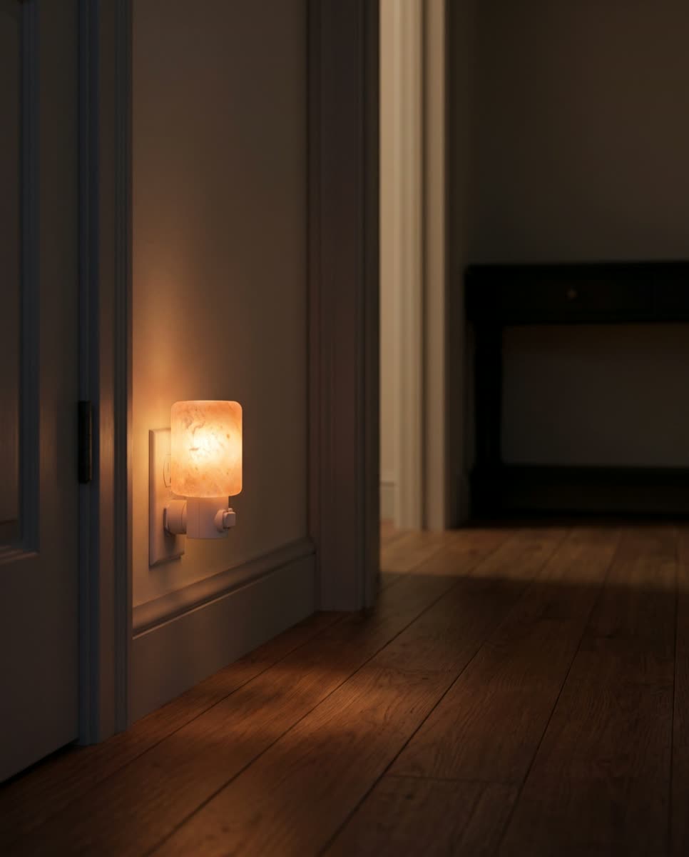 A Himalayan salt lamp glowing warmly, carved from crystal mined at the source