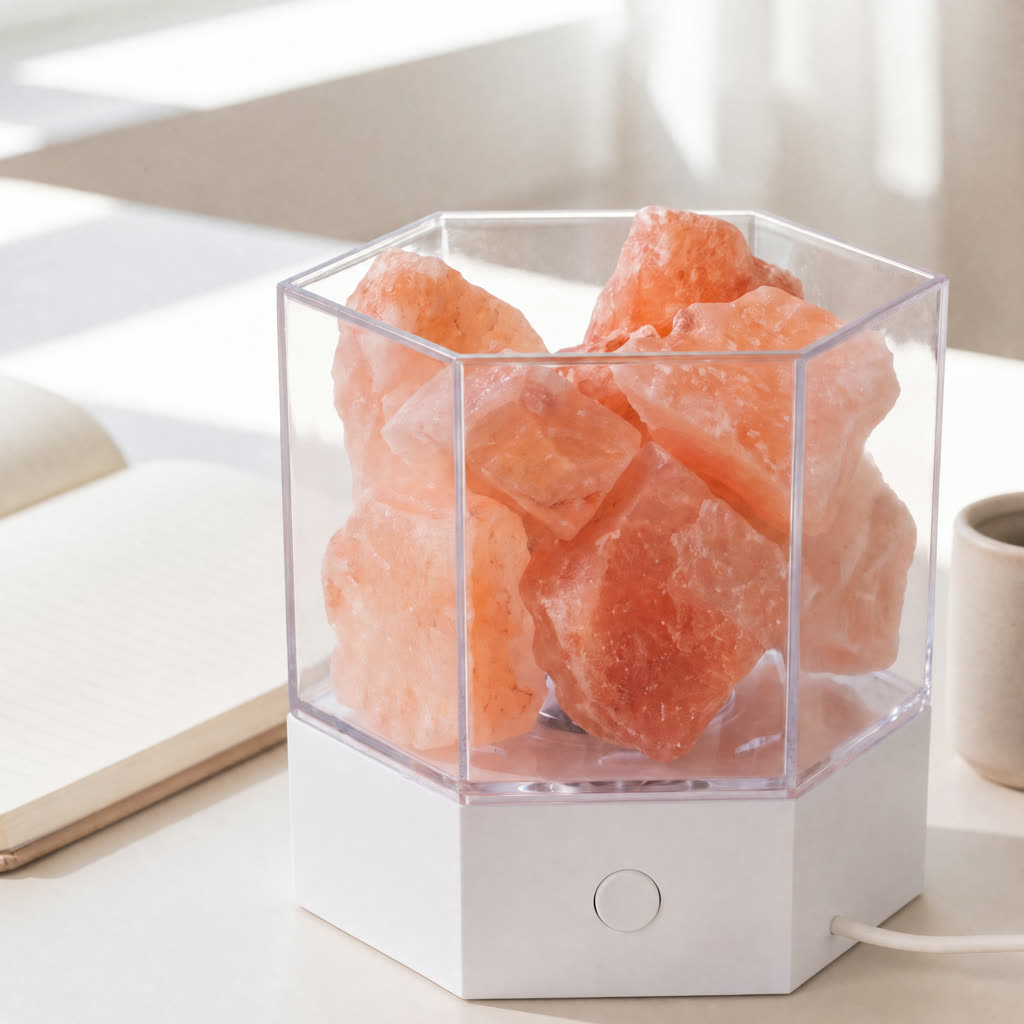 The modern salt lamp in daylight on a desk, rough salt chunks visible in the clear case
