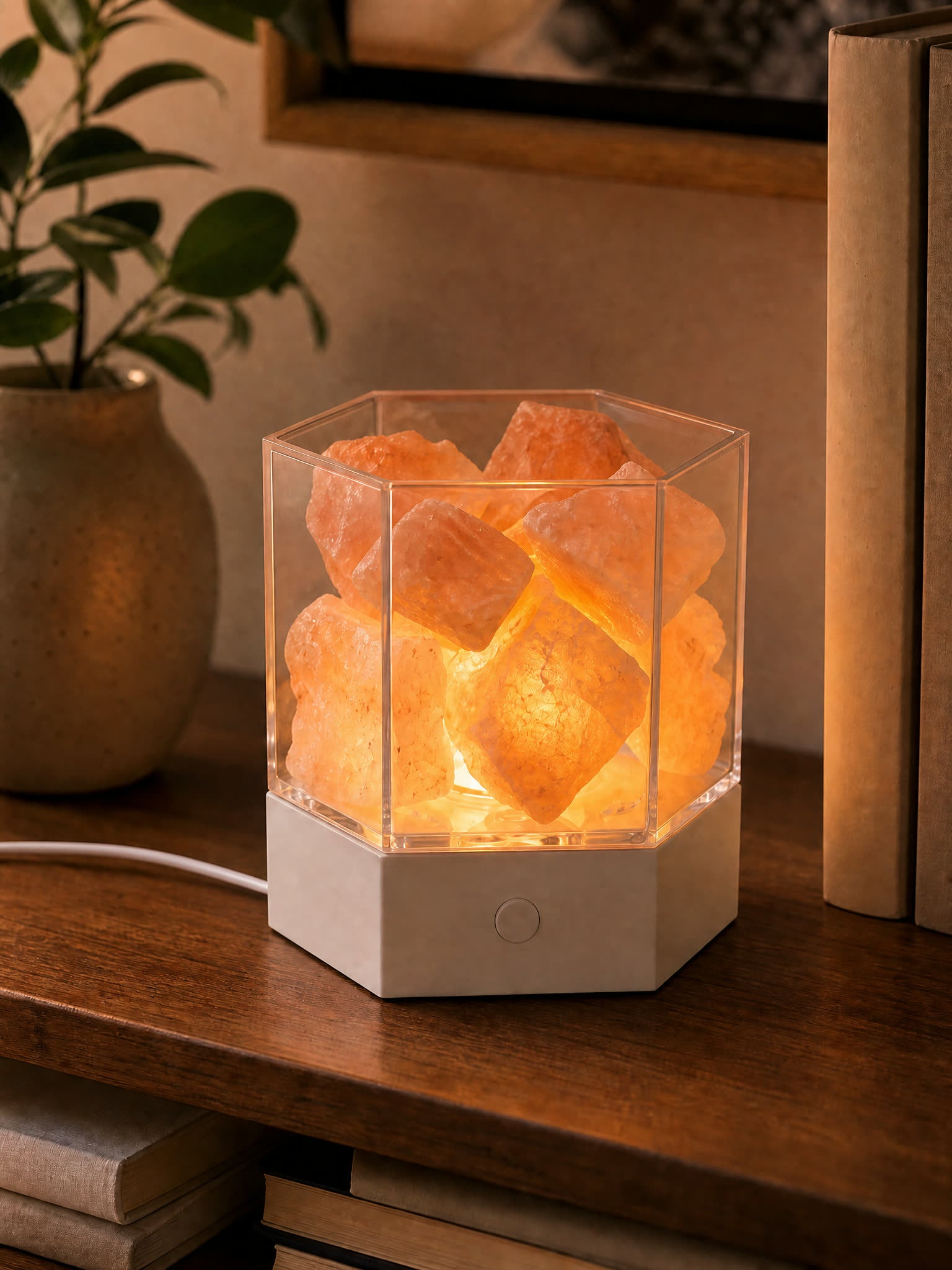 The modern hexagonal salt lamp glowing warm amber on a living room side table