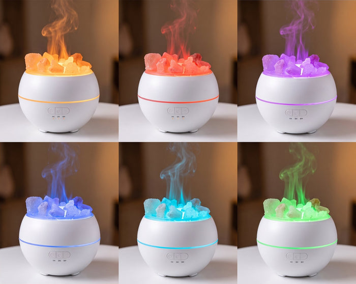 Himalayan Salt Flame Diffuser shown in multiple light colours