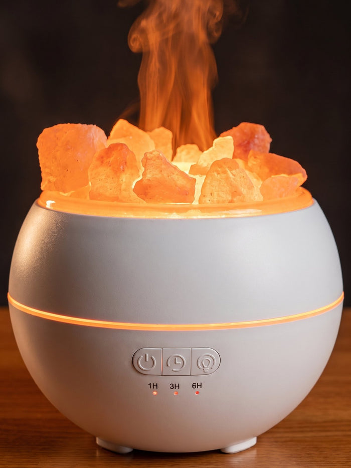 Close-up of flame-like mist rising through Himalayan salt