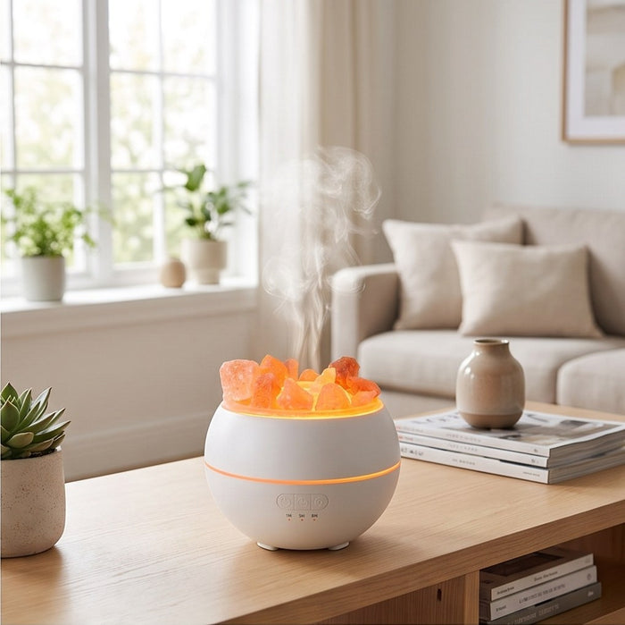 Himalayan Salt Flame Diffuser glowing on a living room table