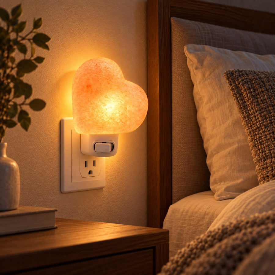 Heart-shaped Himalayan salt wall light glowing beside a bed at night.