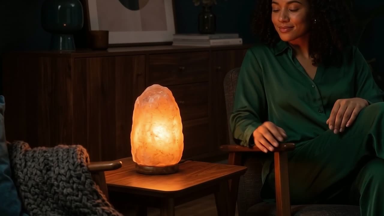 A woman relaxing beside a glowing Himalayan salt lamp