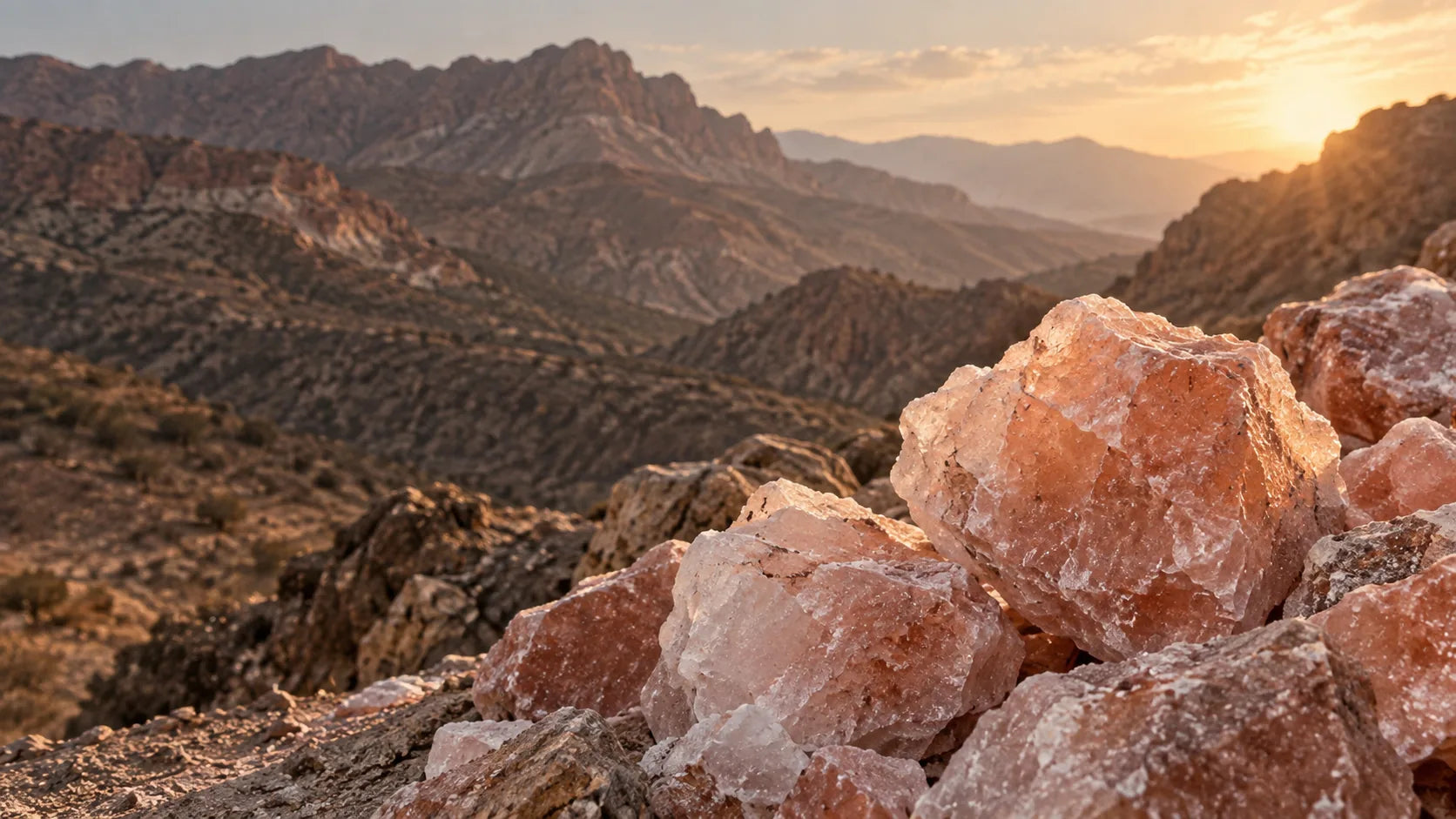 Editorial landscape composition with Himalayan salt crystals