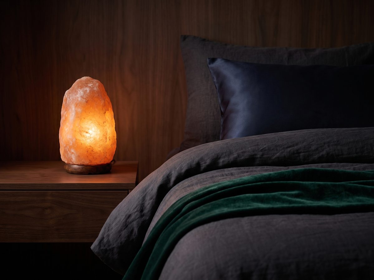 A salt lamp glowing on a bedroom nightstand
