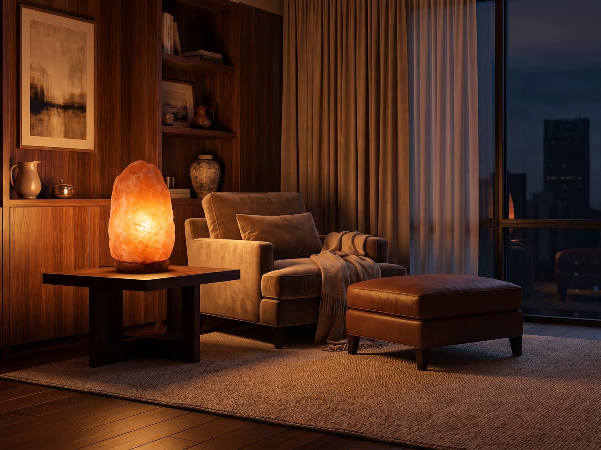 A natural Himalayan salt lamp glowing in a warm living room