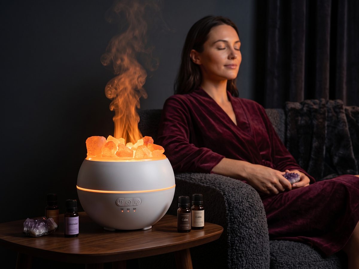 A glowing salt flame diffuser in an evening relaxation ritual