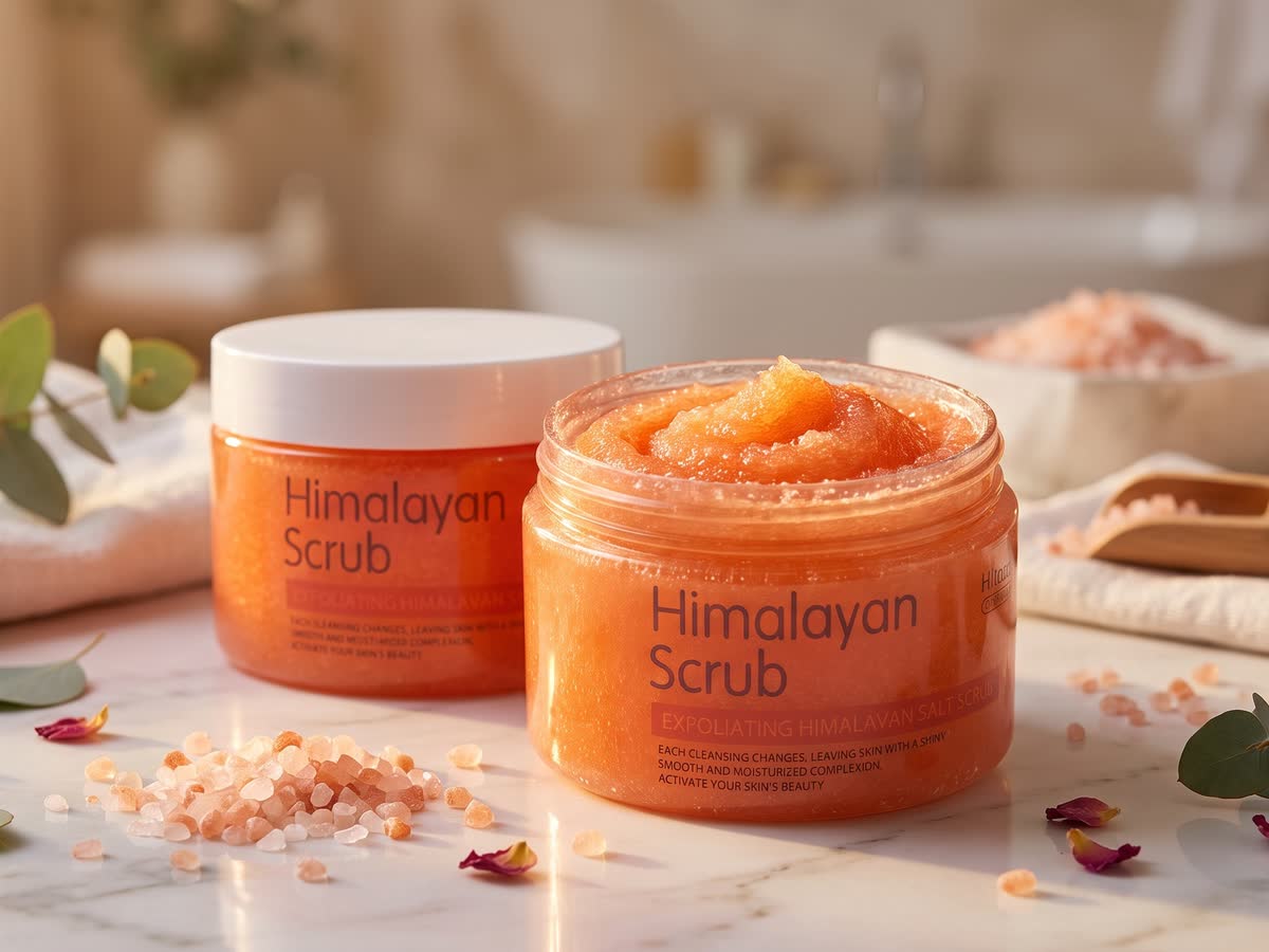 Open jars of Himalayan salt scrub arranged for a skincare ritual