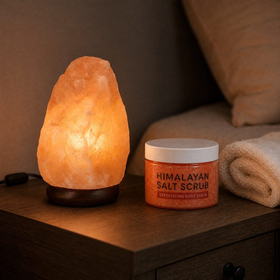 Original Himalayan salt lamp and PinkSalt body scrub on a bedside table