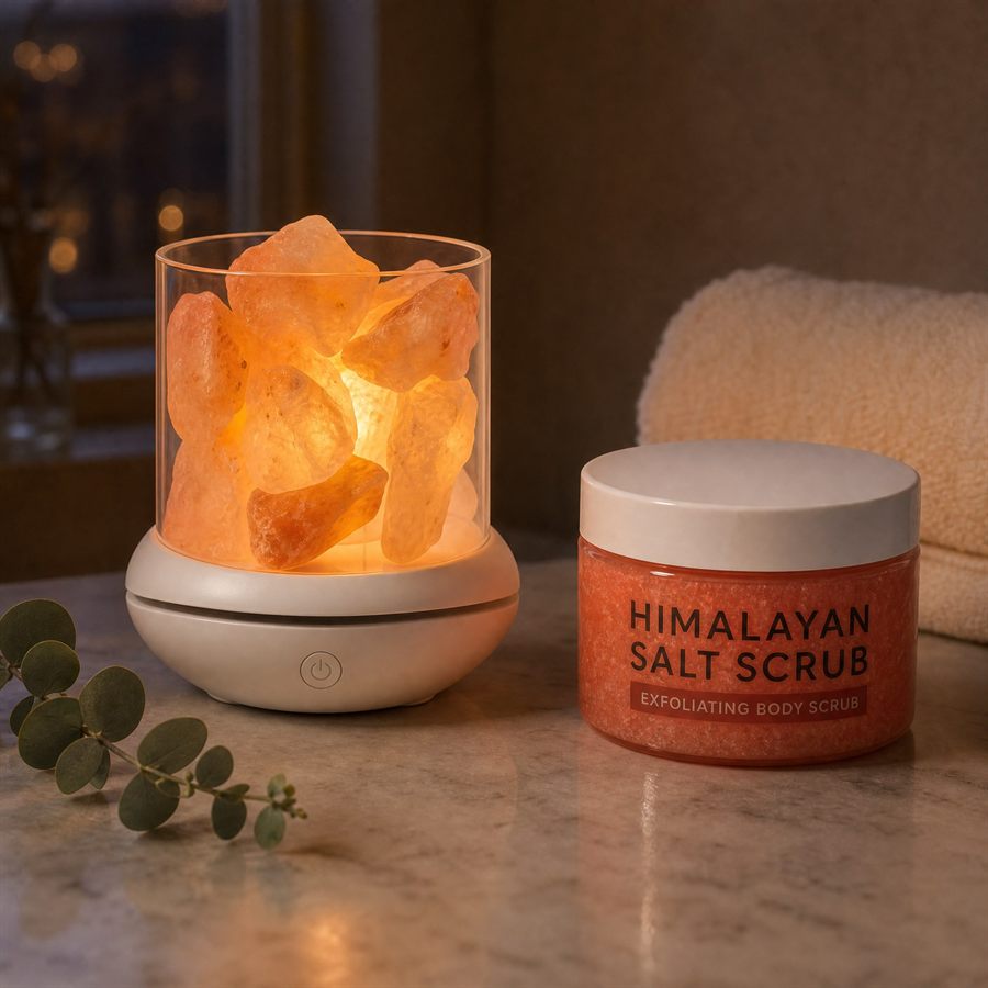 Modern cordless Himalayan salt lamp and PinkSalt body scrub