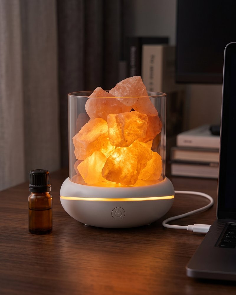 The Salt Glow Lamp lit warm amber on a wooden desk in the evening, an essential oil bottle and books beside it