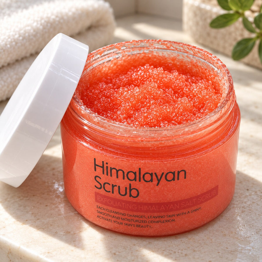 Open Himalayan Salt Scrub jar showing its fine, naturally granular coral-pink texture.