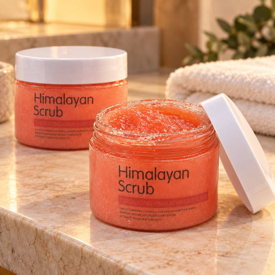 Himalayan Salt Scrub jar open to show its coral-pink exfoliating texture, with a closed jar beside it.